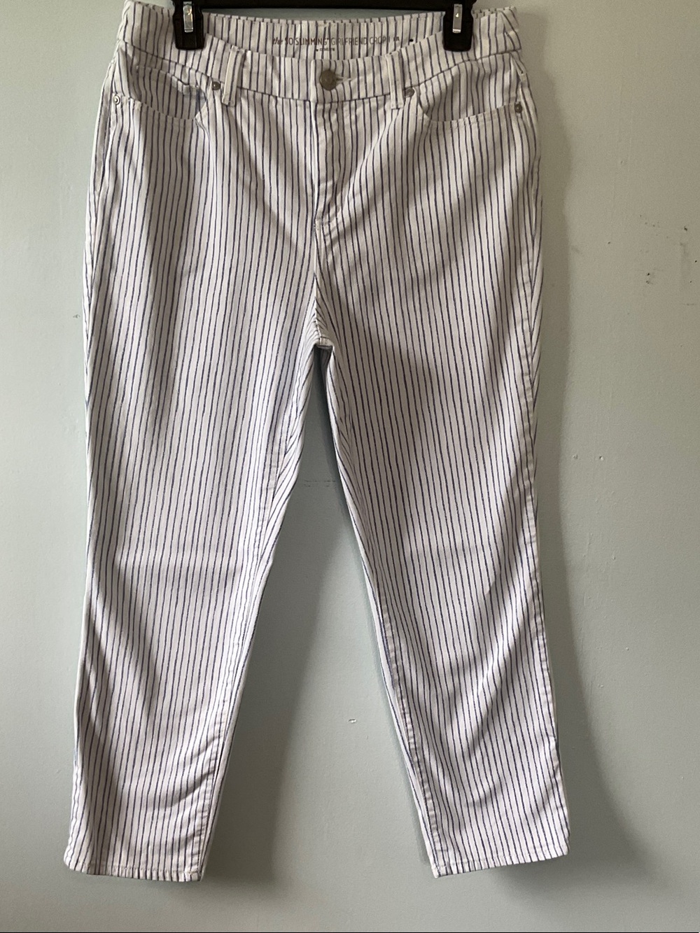 Chico's Crop White Jeans with Blue Pinstripes